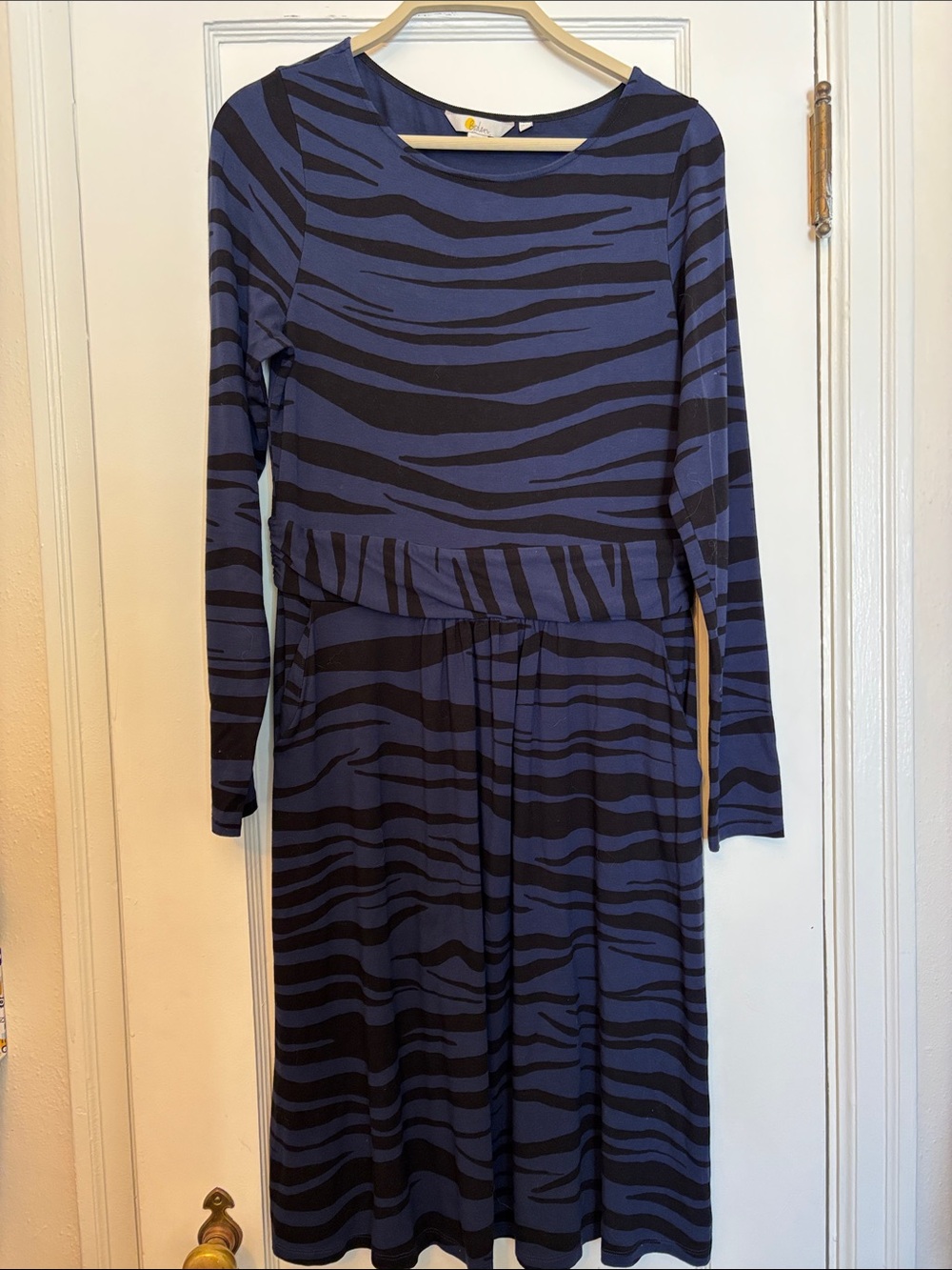 Boden Navy and Black Zebra-Stripe Long Sleeve Fit-and-Flare Dress.